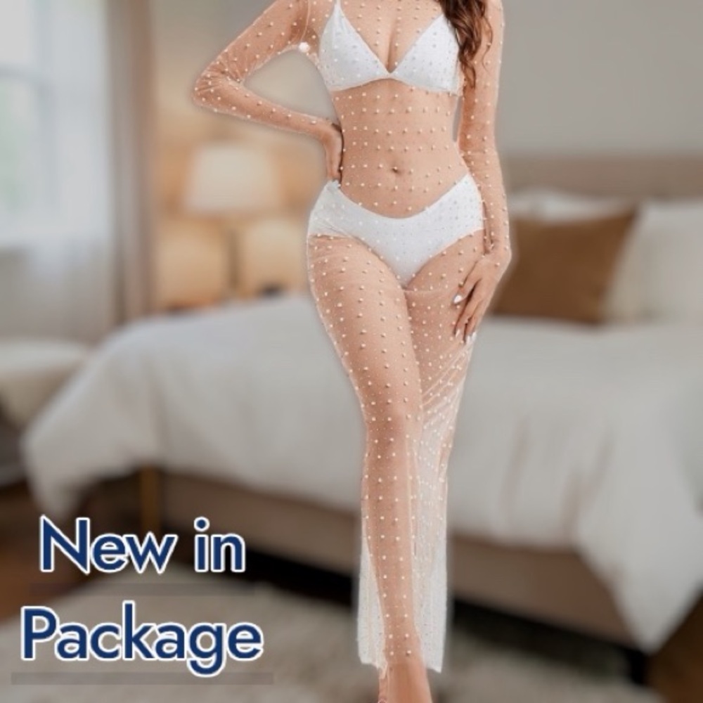 🔥 Willow Dance Sheer Mesh Pearl Rhinestone Cover Up Dress - Large